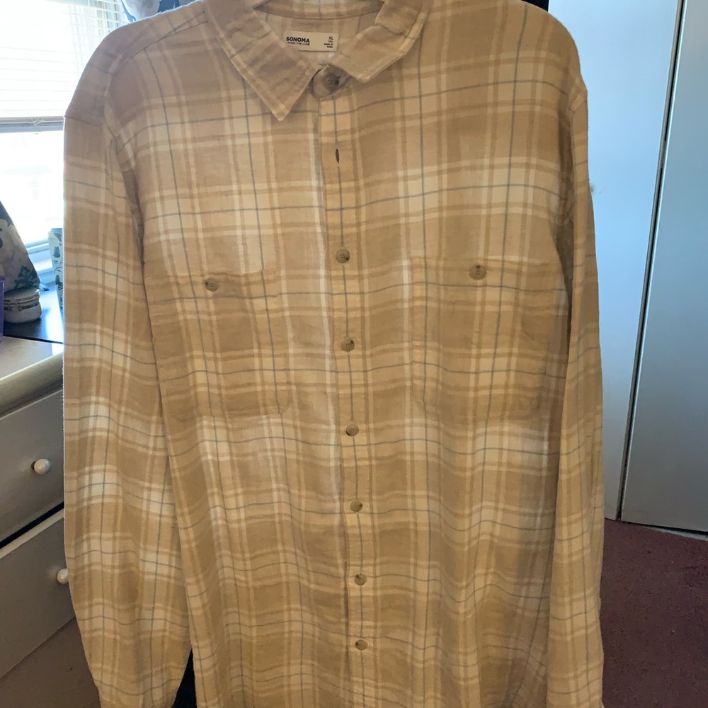 Sonoma Tan Plaid Casual Button Down Shirt